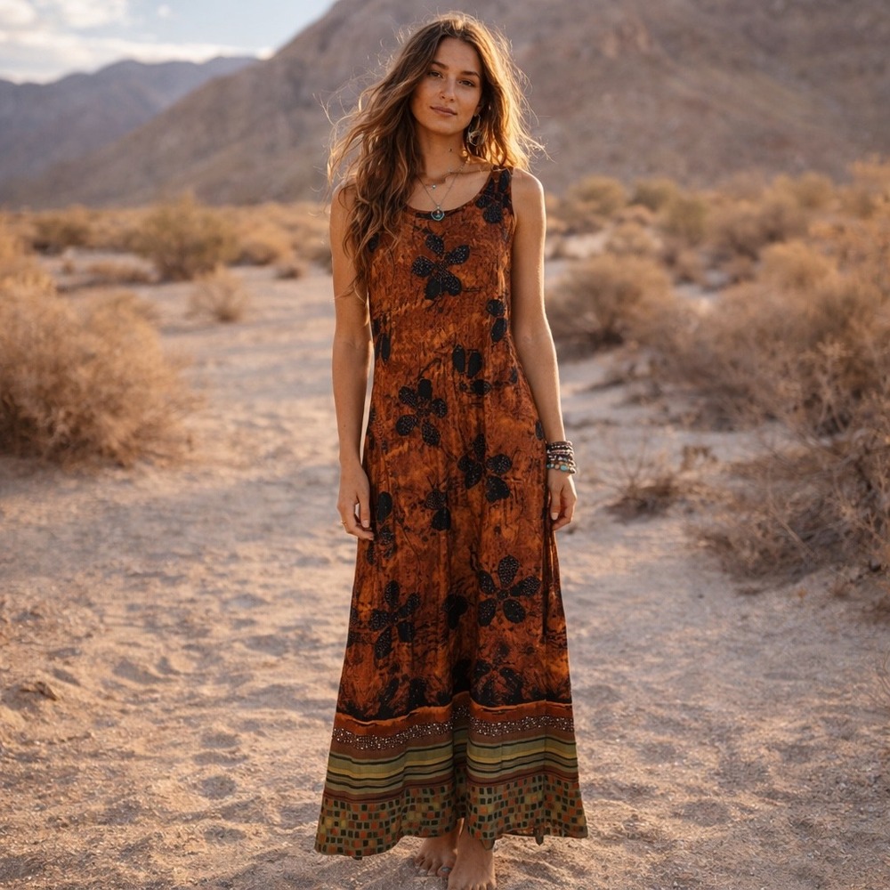 Vintage Jane Ashley Boho Maxi Dress Medium Cottagecore Earthy Festival Retro - Picture 1 of 10